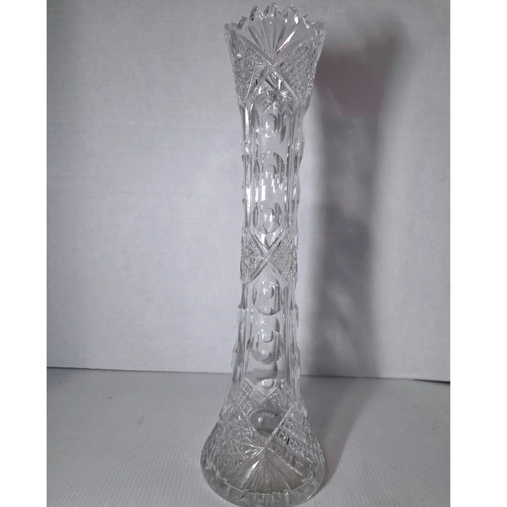 Antique American Brilliant Cut Glass Trumpet Vase Hobstar Punty Sawtooth Rim